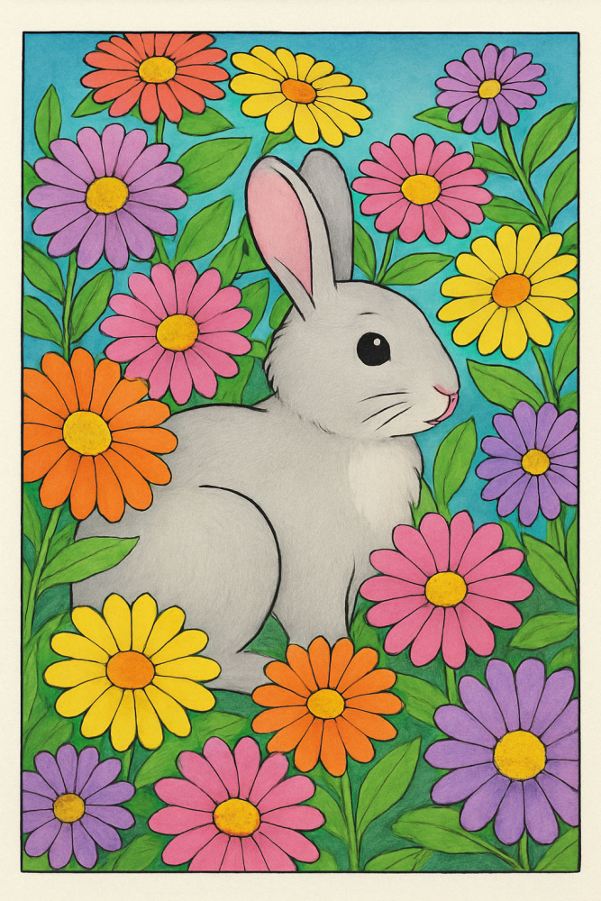 Gray rabbit surrounded by colorful flowers, including pink, yellow, and purple blooms.