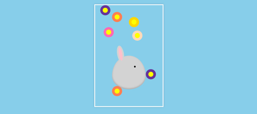Gray rabbit with colorful spots on blue background.