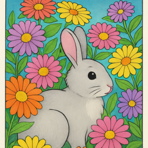 Gray rabbit sitting among colorful flowers.
